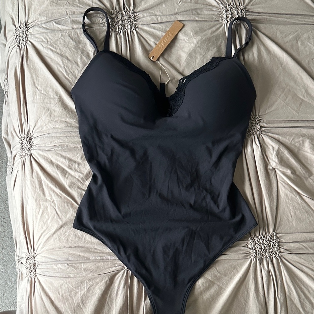 SKIMS Black Lace Trim Bodysuit